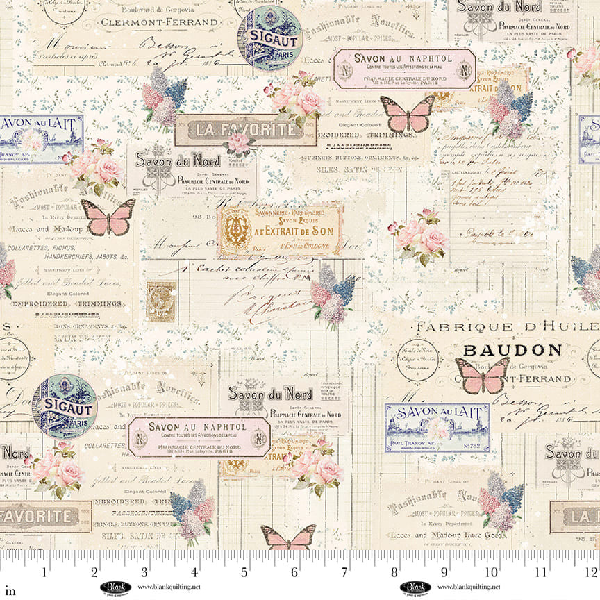 Parisian Snippets Collection with Labels and Butterflies in Ecru color for Blank Quilting
