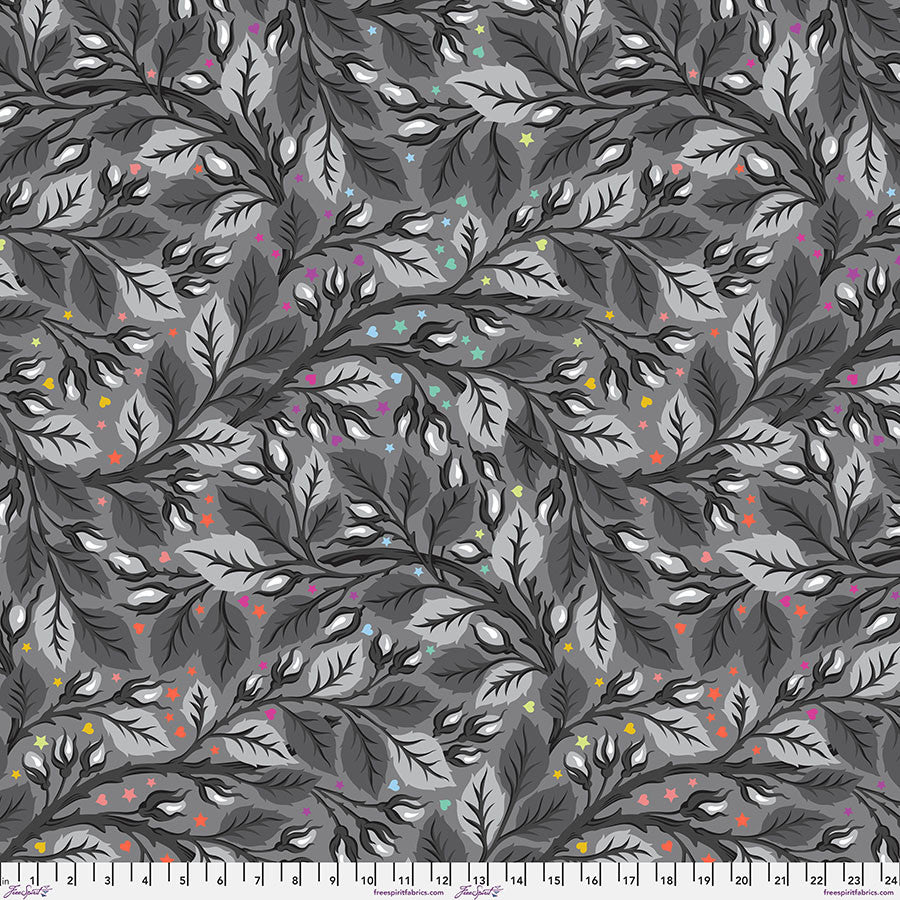 Tula Pink's Nip in the Bud WIDEBACK in Shadow from the True Colors Graywork Collection