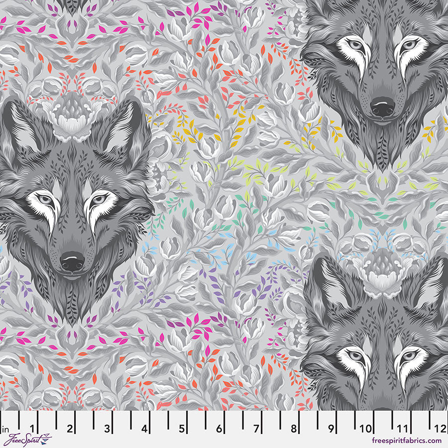 Tula Pink's Wolf of Pink Street in Fog from the True Colors Graywork Collection