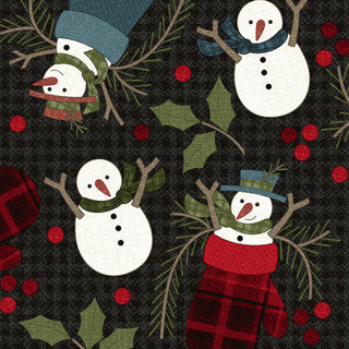 Holly Jolly Flannel Snowmen on Black for Maywood Studio